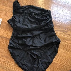 Black one shoulder mesh inset swimsuit